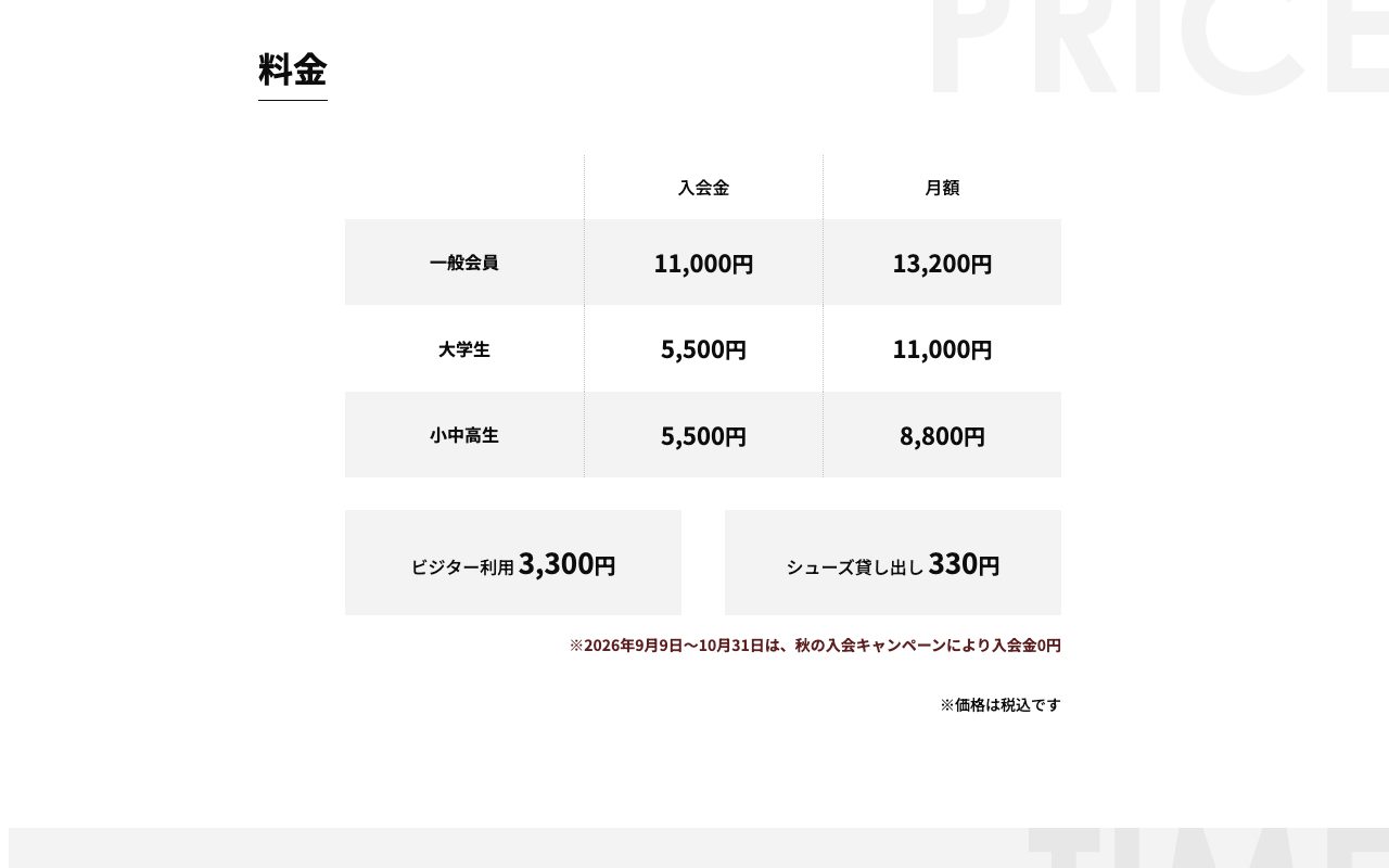 料金表。一般会員、大学生、小中高生の入会金と月額、ビジター利用とシューズ貸し出しの料金